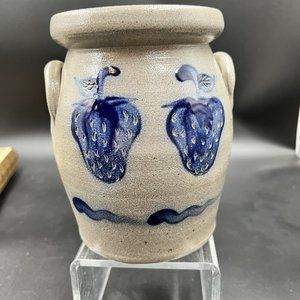 Rowe Pottery Works Small Canister  NO LID Salt Glazed Cobalt Strawberries 1994